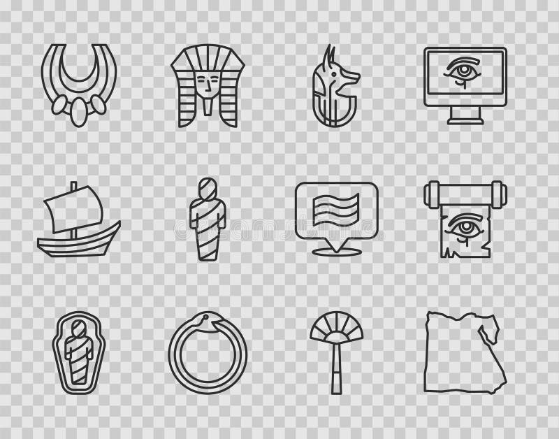 Setează linia egipteană mumie în harta sarcofaagus a simbolului magic anubis egiptean al colier ouroboros și coarne oculare pe royalty free illustration