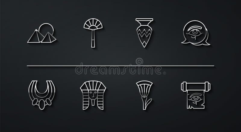 Set line Egypt Pyramus Egypt Eye of the horus lotus Pharaoh fan on papyrus scroll and vase. vector royalty free illustration