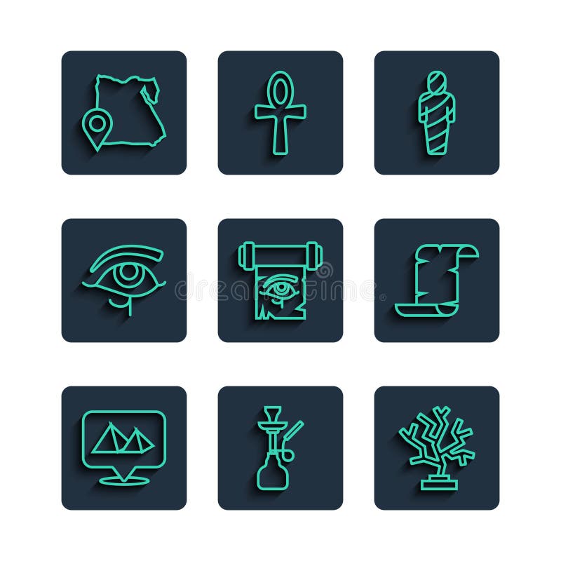 Set line Egypt Pyramus Hookah coral Mumus Eye of Horus On papyrus scroll Map and papyrus Icon. vector vector illustration