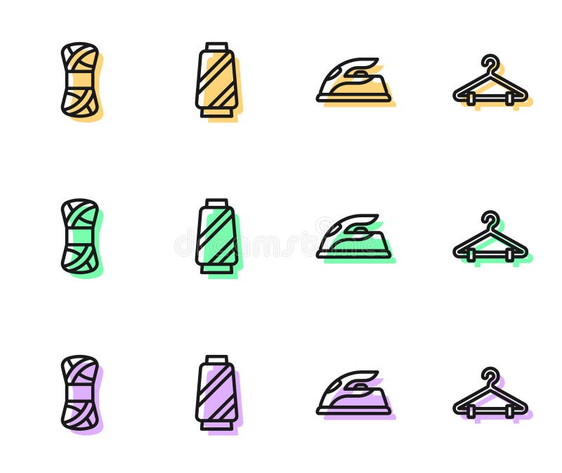 Set line Electric iron, Yarn, Sewing thread spool and Hanger wardrobe icon. Vector vector illustration