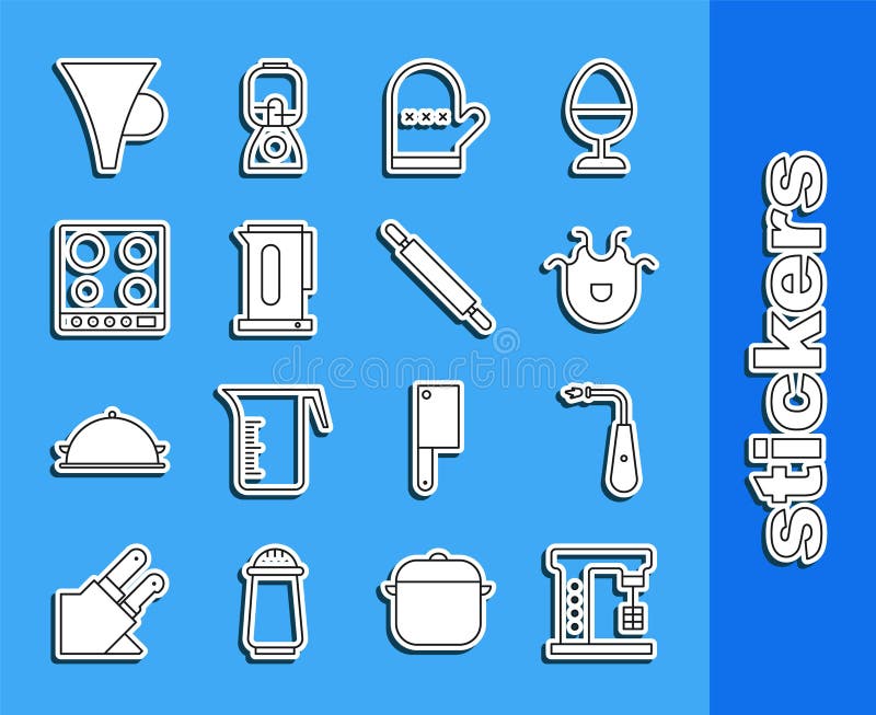 Set line Electric mixer, Long electric lighter, Kitchen apron, Oven glove, Kettle with handle, Gas stove, Funnel or royalty free illustration