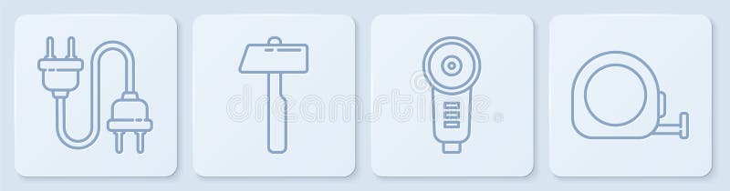 Set line Electric plug, Angle grinder, Hammer and Roulette construction. White square button. Vector vector illustration