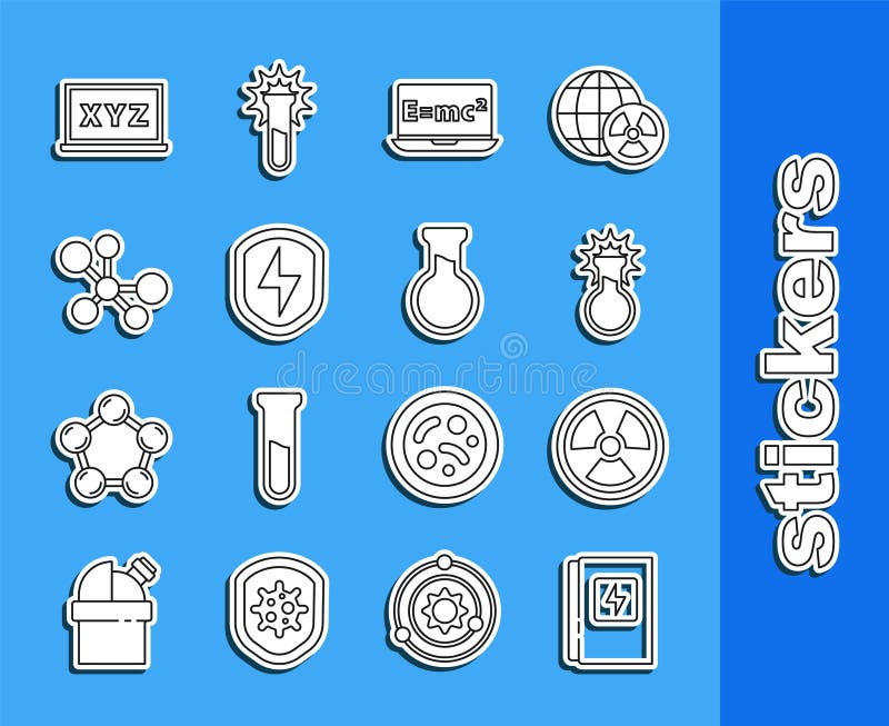 Set line Electrical panel, Radioactive, Test tube and flask, Equation solution, Secure shield with lightning, Molecule royalty free illustration