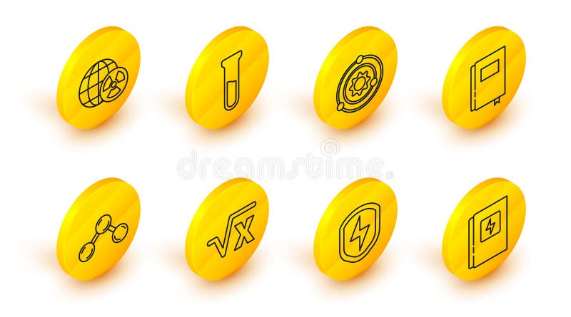 Set line Electrical panel, Secure shield with lightning, Square root of x glyph, Molecule, Book, Solar system, Test tube vector illustration