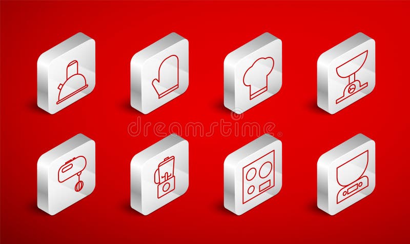 Set line Electronic scales, Oven glove, Chef hat, Electric stove, Kettle with handle, Blender and mixer icon. Vector stock illustration