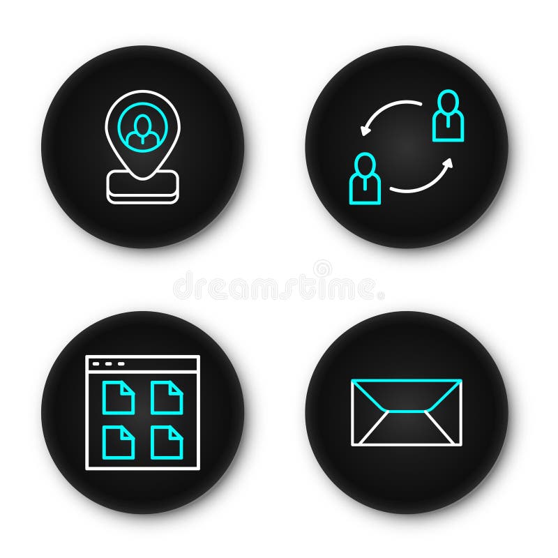 Set line Envelope, Browser files, Human resources and Worker location icon. Vector vector illustration