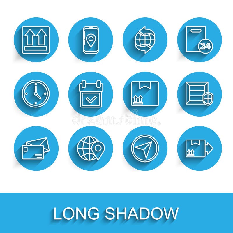 Set line Envelope, Location on the globe, This side up, Infographic of city map navigation, Cardboard box with traffic royalty free illustration