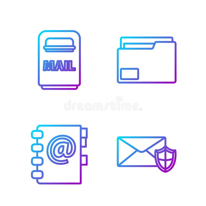 Set line Envelope with shield, Address book, Mail box and Document folder. Gradient color icons. Vector.