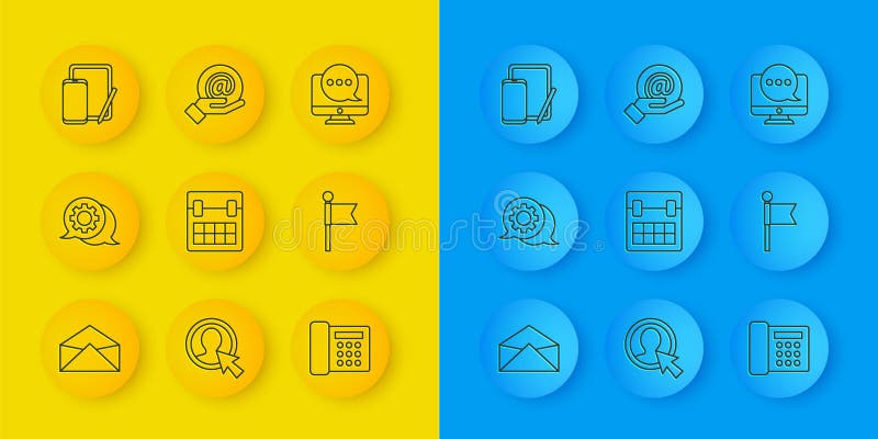 Set line Envelope, Speech bubble chat, Calendar, Telephone, Location marker, Phone and graphic tablet, Chat messages stock illustration