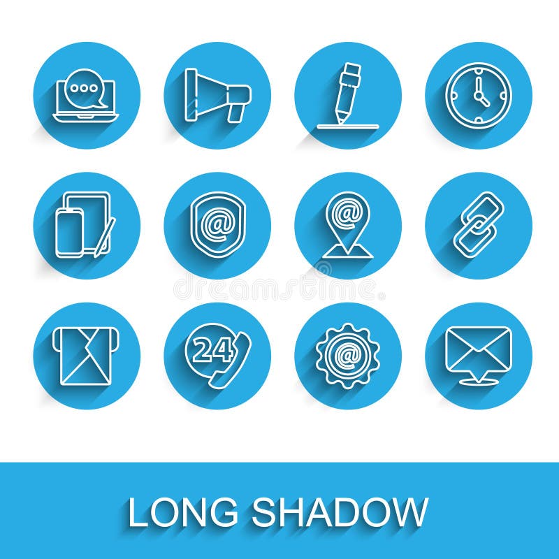 Set line Envelope, Telephone 24 hours support, Chat messages notification laptop, Mail and e-mail, Shield with, Chain royalty free illustration