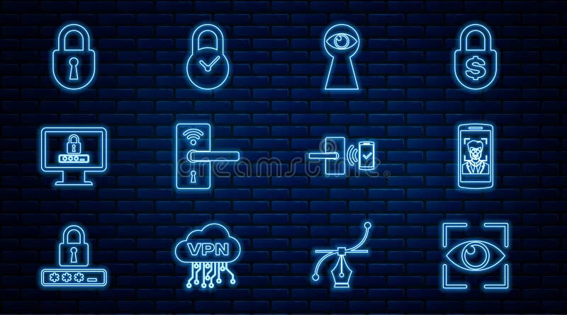 Set line Eye scan, Mobile and face recognition, Keyhole with eye, Digital door lock wireless, Monitor password, Lock vector illustration