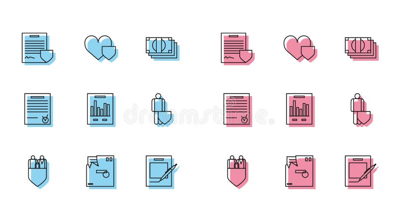 Set line Family insurance with shield, Ordered envelope, Contract, Blank notebook and pen, Document graph chart, Life vector illustration