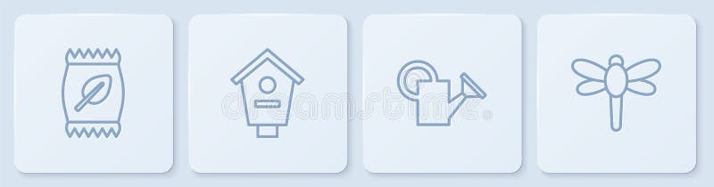 Set line Fertilizer bag, Watering can, Bird house and Dragonfly. White square button. Vector stock illustration