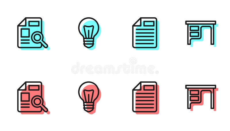 Set line File document, Document with graph chart, Light bulb and Office desk icon. Vector stock illustration