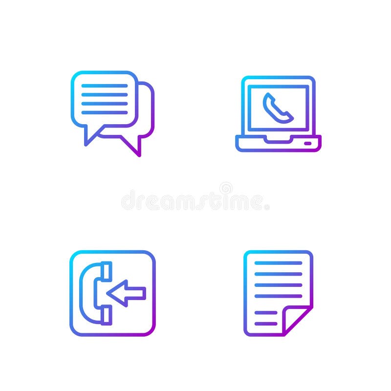 Set line File document, Incoming call phone, Speech bubble chat and Telephone 24 hours support. Gradient color icons stock illustration