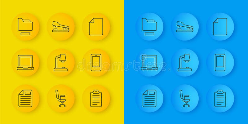 Set line File document, Laptop, Table lamp, To list or planning, Mobile phone, Document folder, and Stapler icon. Vector royalty free illustration