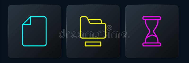 Set line File document, Old hourglass and Document folder. Black square button. Vector stock illustration