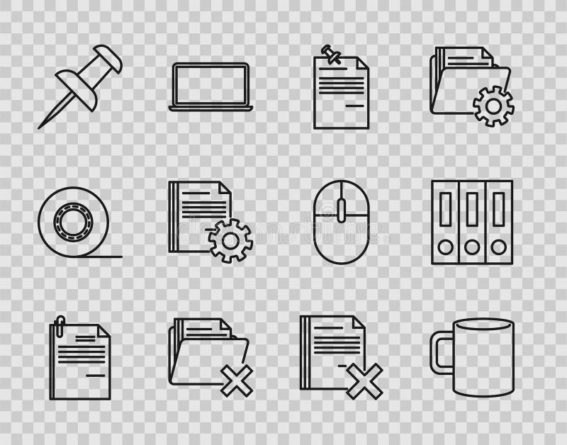 Set line File document and paper clip, Coffee cup flat, Note with pinned pushbutton, Delete folder, Push, Document vector illustration