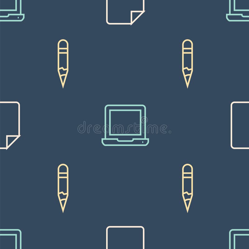 Set line File document, Pencil and Laptop on seamless pattern. Vector stock illustration
