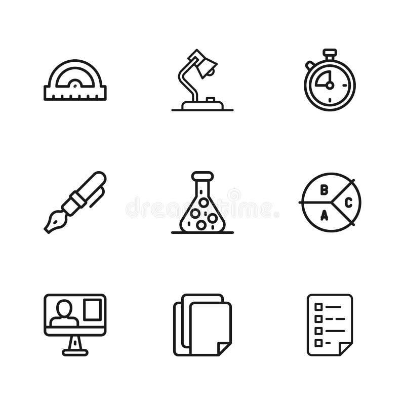 Set line File document, Pie chart infographic, Clipboard with checklist, Test tube, Stopwatch, Protractor grid, Table vector illustration