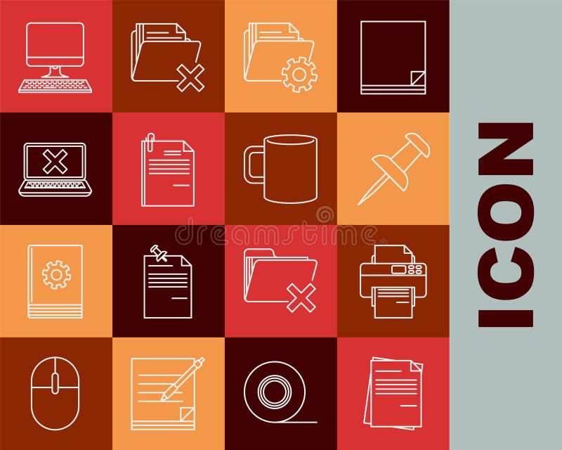 Set line File document, Printer, Push pin, Folder settings with gears, and paper clip, Laptop cross mark on screen stock illustration