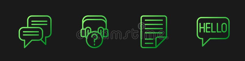 Set line File document, Speech bubble chat, Headphones with question and Hello in different languages. Gradient color vector illustration