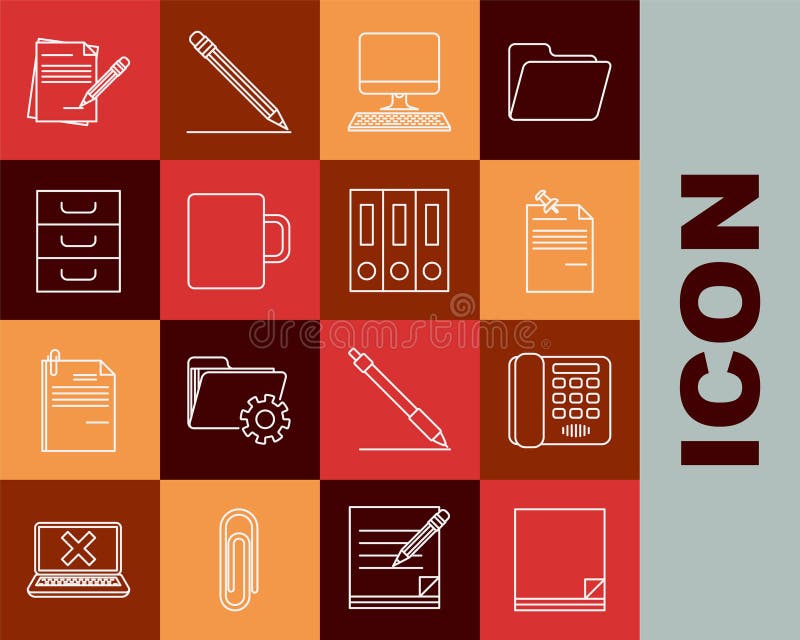 Set line File document, Telephone, Note paper with pinned pushbutton, Computer monitor keyboard, Coffee cup, Drawer stock illustration
