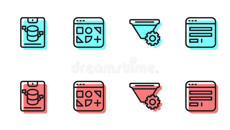 Set line Filter setting, Server, Data, Web Hosting, Different files and Browser window icon. Vector.