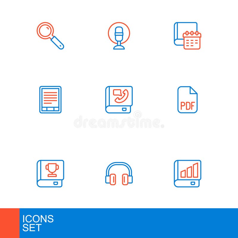 Set line Financial book, Headphones, Book, PDF file document, E-Book reader, Phone, Daily paper notepad and Microphone royalty free illustration