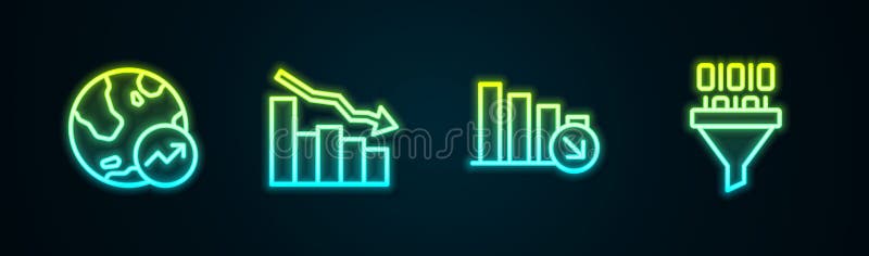 Set line Financial growth, decrease, and Binary code. Glowing neon icon. Vector. Set financial growth decrease illustrations