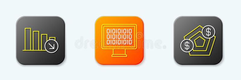 Set line Financial growth decrease, Binary code and icon. Vector. Line decrease illustrations