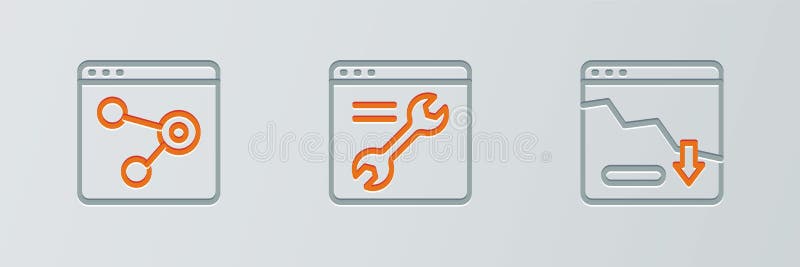 Set line Financial growth decrease Browser window and setting icon. Vector. Set financial growth decrease illustrations