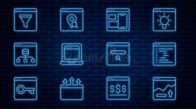 Set line Financial growth increase, Browser window, Web developer programming code, Laptop with browser, Server, Data vector illustration