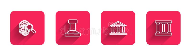 Set line Fingerprint, Stamp, Courthouse building and Prison window with long shadow. Red square button. Vector.