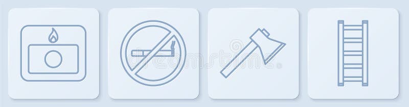 Set line Fire alarm system, Firefighter axe, No Smoking and Fire escape. White square button. Vector vector illustration