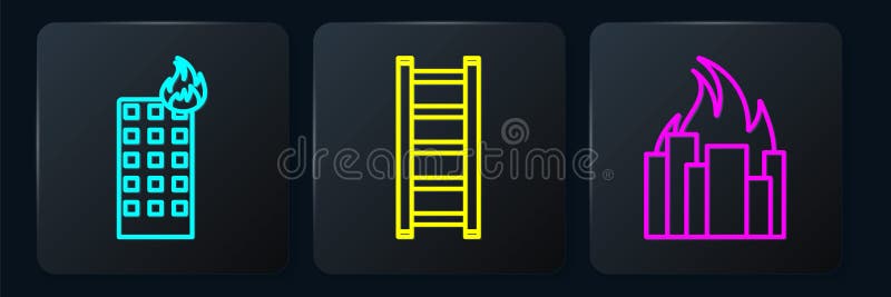 Set line Fire in burning building, Fire in burning buildings and Fire escape. Black square button. Vector royalty free illustration