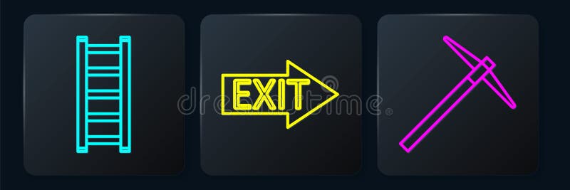 Set line Fire escape, Pickaxe and Fire exit. Black square button. Vector royalty free illustration