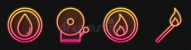 Set line Fire flame, Water drop, Ringing alarm bell and Burning match with fire. Glowing neon icon. Vector