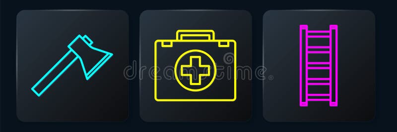 Set line Firefighter axe, Fire escape and First aid kit. Black square button. Vector stock illustration