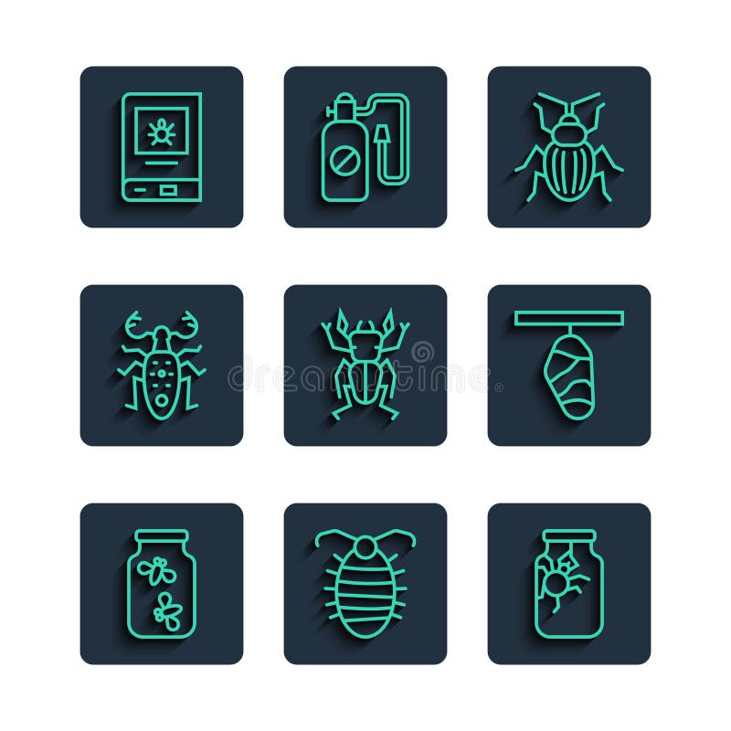 Set line fireflies bugs intr-un borcan larva panza panza de paianjen panza de cerb de cerb si cocon de fluture royalty free illustration