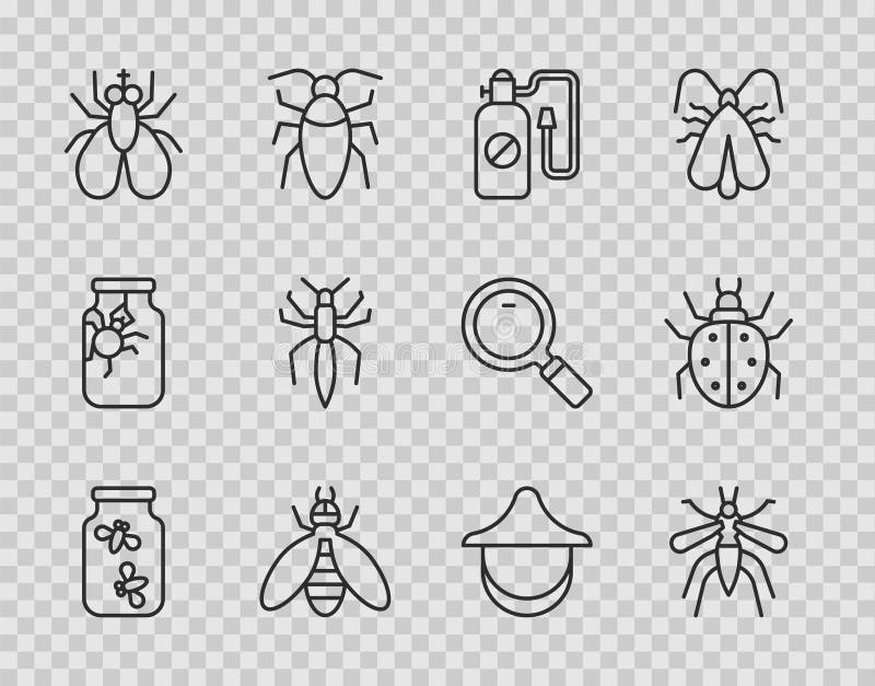Set line fireflies bugs intr-un borcan Mosquito presiune spray de albine insectă Spider Keeper hat și pictograma Acarieni royalty free illustration