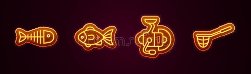 Set Line Fish Skeleton, Spinning Reel for Fishing and Fishing Net. Glowing  Neon Icon. Vector Stock Vector - Illustration of design, glowing: 238313113