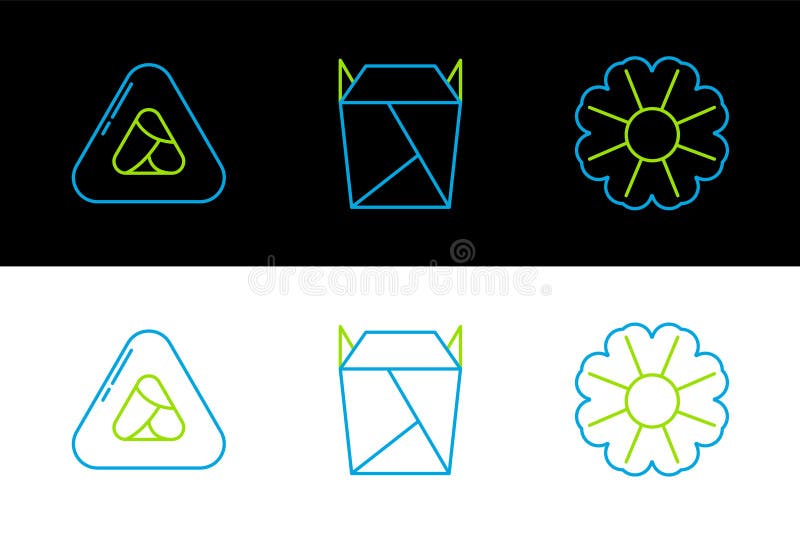 Set line Flower, Sushi and Rstaurant opened take out box filled icon. Vector stock illustration