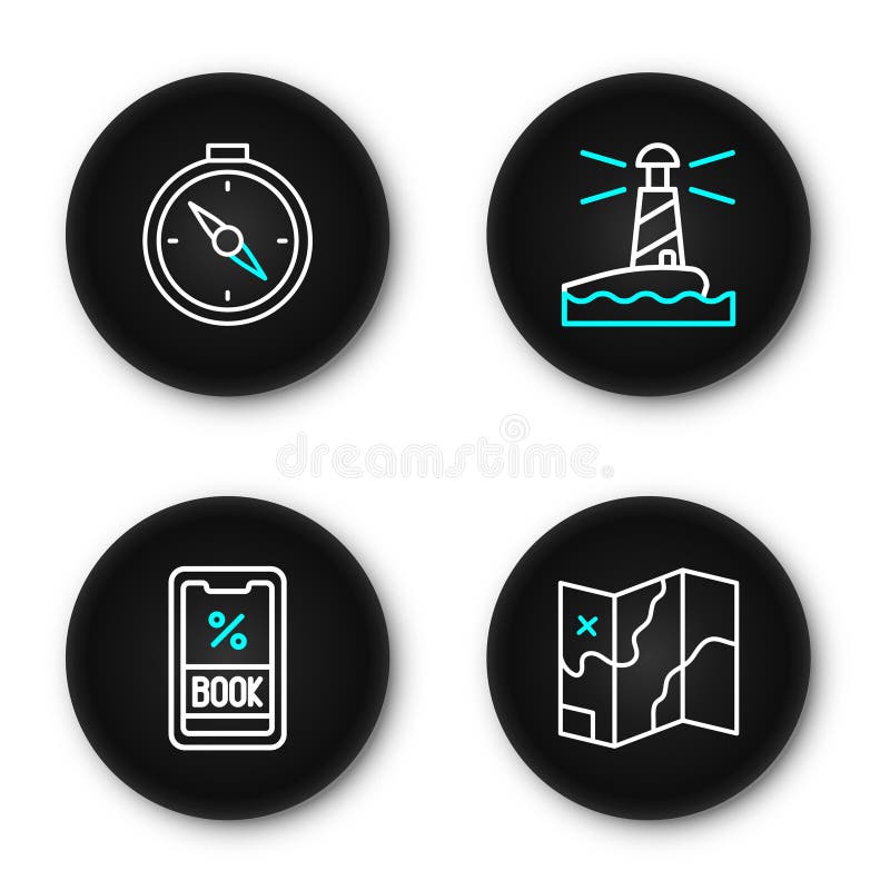 Set line folded map cruise ticket lighthouse and compass icon vector stock de ilustración
