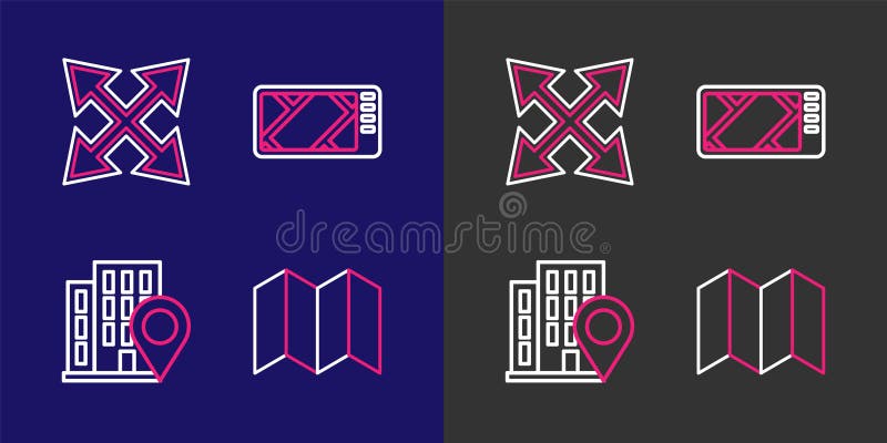 Set line folded map location with house gps device and road traffic sign icon vector stock de ilustración