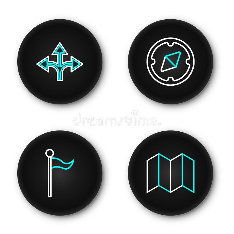 Set line folded map location marker compass and road traffic sign icon vector libre illustration