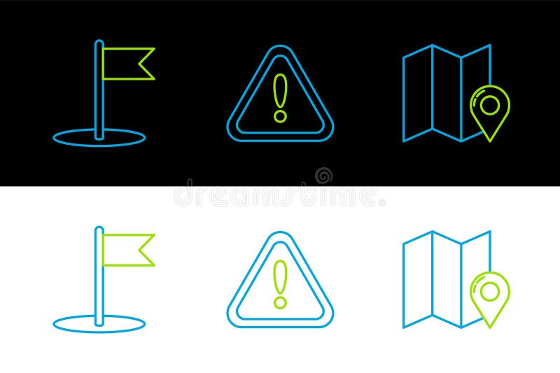 Set line Folded map with location marker, Flag and Exclamation in triangle icon. Vector vector illustration