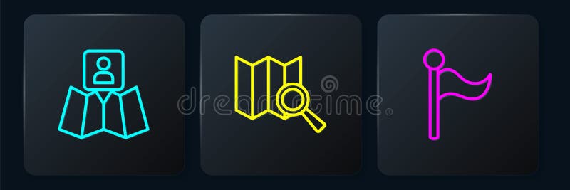 Set line Folded map with location marker, Flag and Search. Black square button. Vector stock illustration