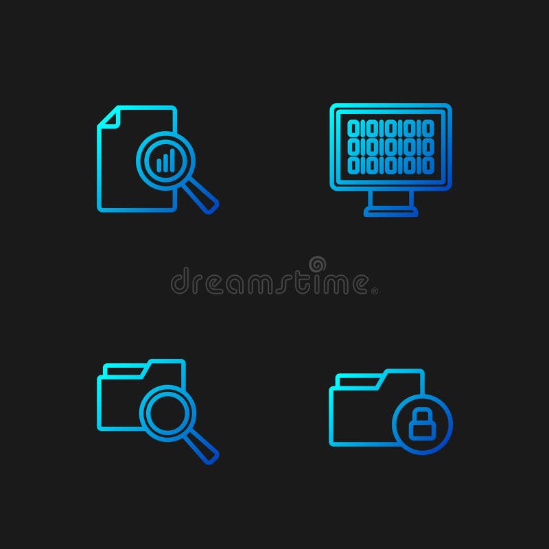 Set line Folder and lock, Search with folder, Document graph chart and Binary code. Gradient color icons. Vector royalty free illustration