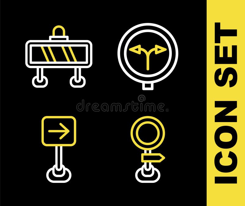 Set line Fork in the road, Road traffic sign, Traffic turn right and barrier icon. Vector stock illustration
